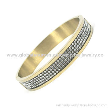 Stainless Steel Bracelets with Rows of Crystal Stones and Plating IP Gold